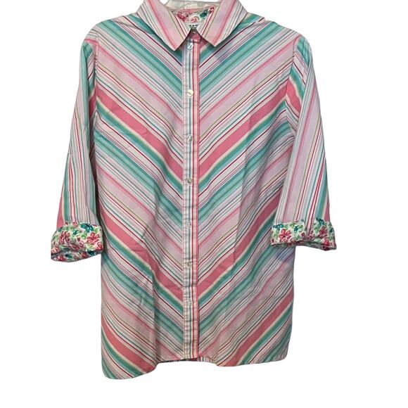 ALIA LONG SLEEVE BUTTON BLOUSE, WOMENS, 10, PINK BLUE GREEN WHITE V-STRIPES - Picture 1 of 11
